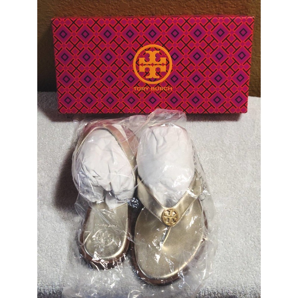 TORY BURCH BENTON METALLIC GOLD CALF LEATHER SLIP ON THONG SANDAL 67334 WMNS 7
